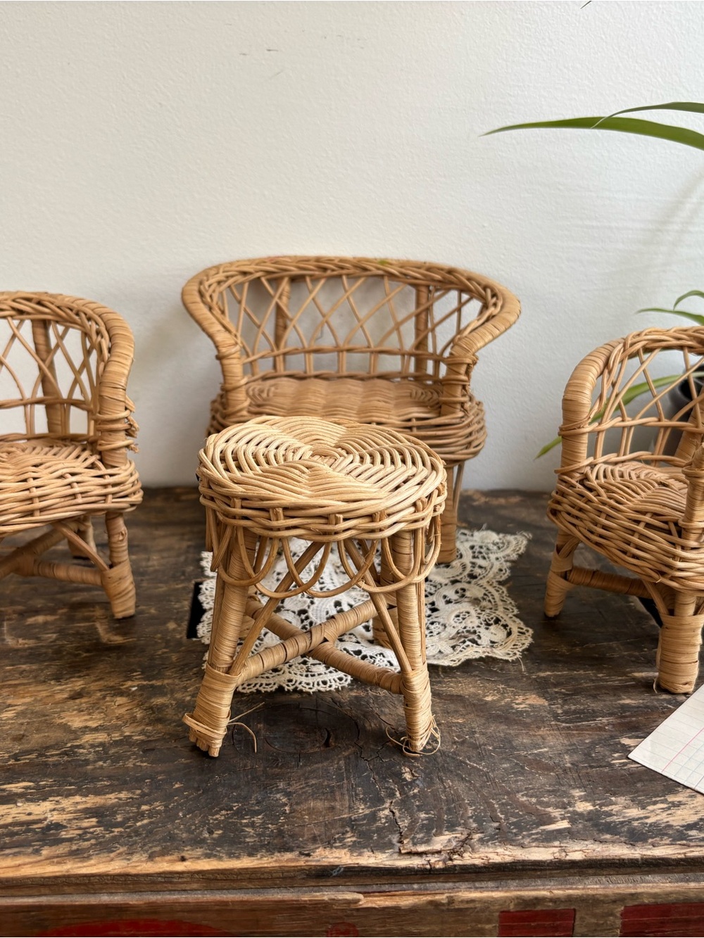 Vintage miniature Natural Rattan Wicker chair and sofa set loveseat
